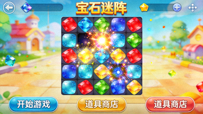 PG娱乐休闲益智游戏《宝石迷阵》的明亮界面，展示色彩缤纷的宝石消除特效