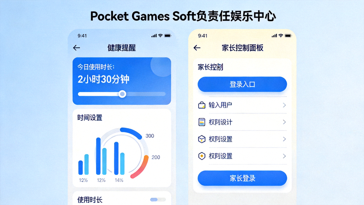 Pocket Games Soft负责任娱乐功能界面展示，包含健康提醒和家长控制面板