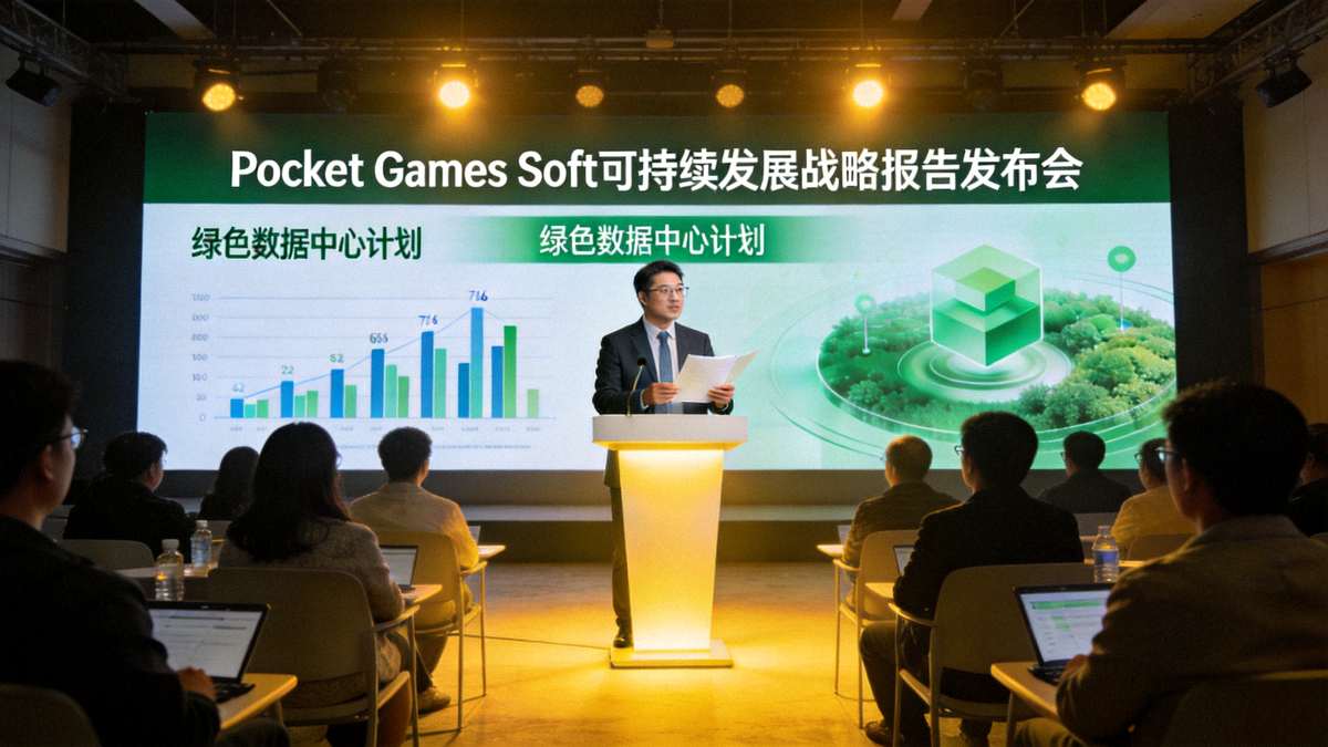 Pocket Games Soft可持续发展战略报告发布会现场，主讲人正在阐述绿色数据中心计划