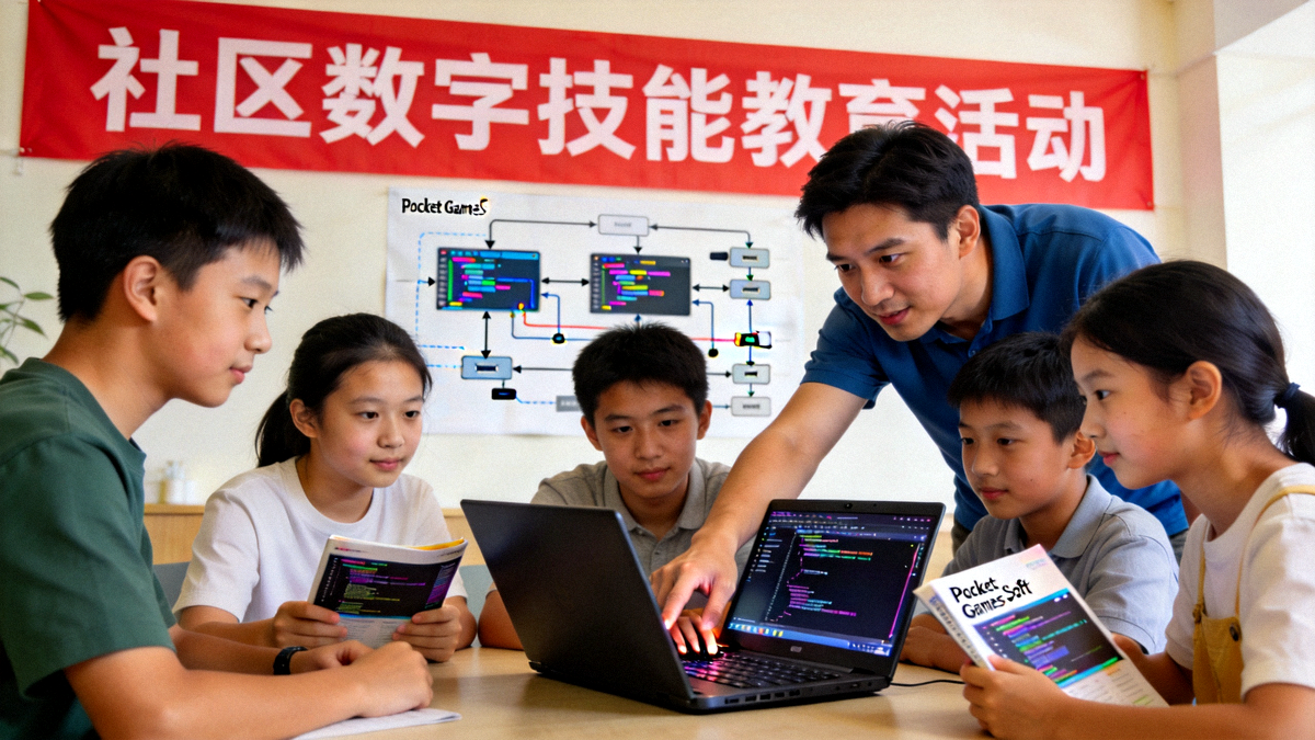 Pocket Games Soft团队参与社区数字技能教育活动，志愿者正在指导青少年学习编程