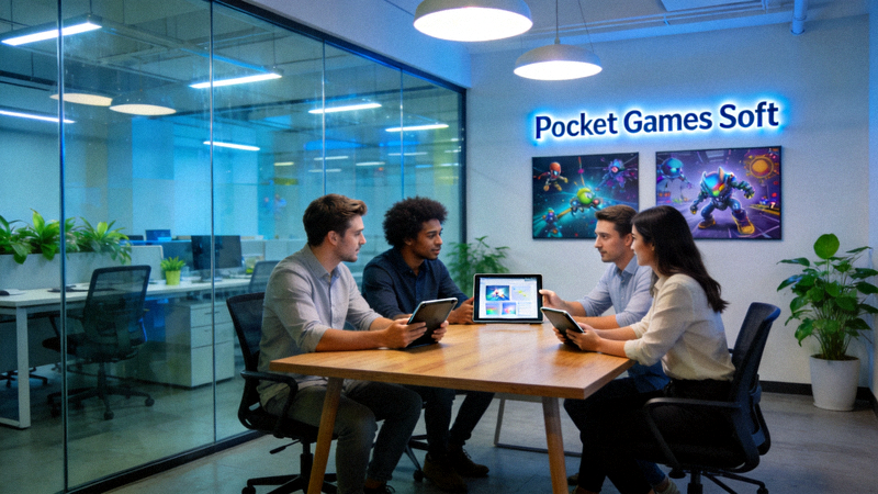 Pocket Games Soft现代化办公室内部环境，团队正在协作讨论项目